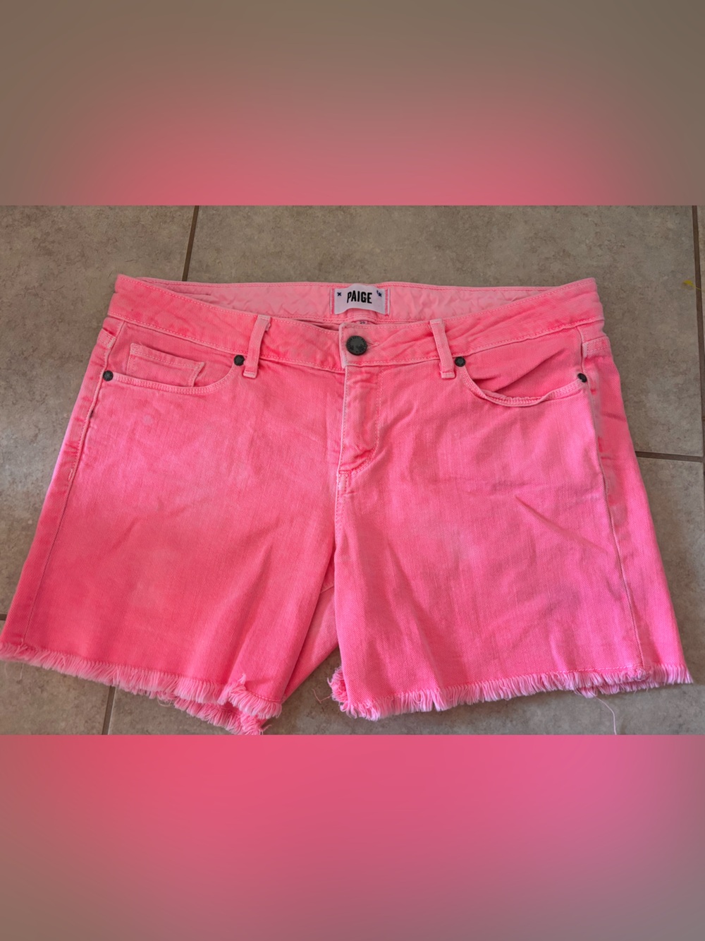 PAIGE Pink Frayed Hem Denim Shorts